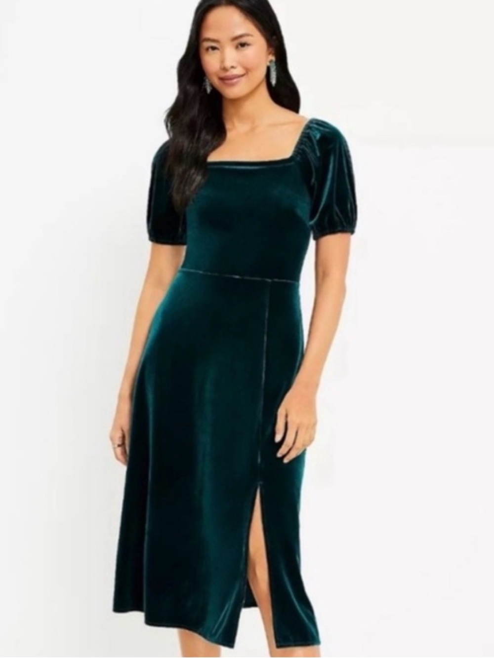 LOFT Emerald Velvet Square-Neck Midi Dress with Puff Sleeves